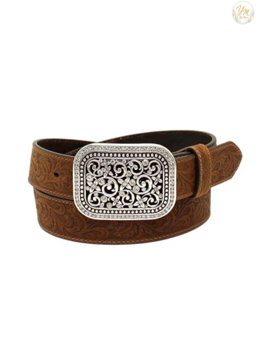 ARIAT Western Leather Belt Crystal Buckle Floral Embossed